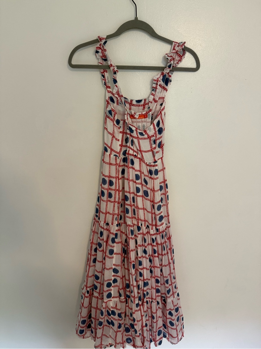 Oliphant Dress Crossed Back Midi Ruffle Strap in Domino Red White Blue Print - Picture 5 of 6